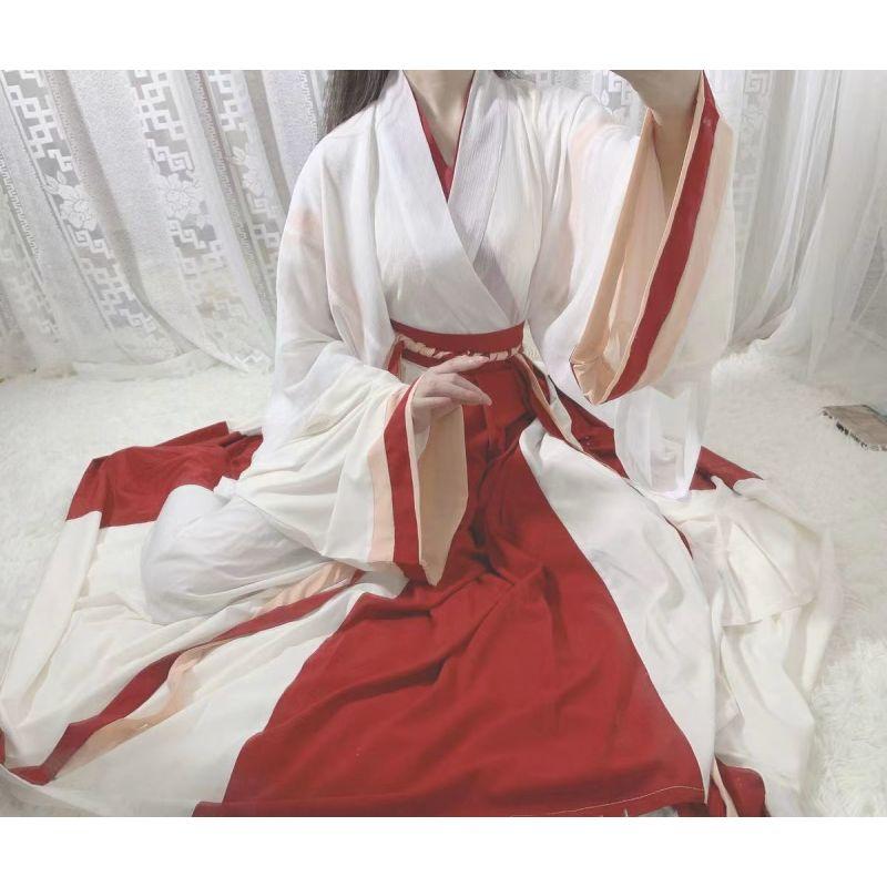 Hanfu Damenanzug, chinesischer Wei- und Jin-Dynastie-Stil, Kreuzkragen, Taillenlänge, Fee, 2-teiliges Set