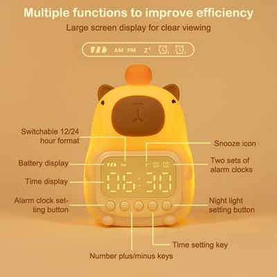 Cute Rechargable Kids Alarm Clock Night Light Touch Snooze Always-On Display Desktop Table Clock 12/24H Alarm Led Clock