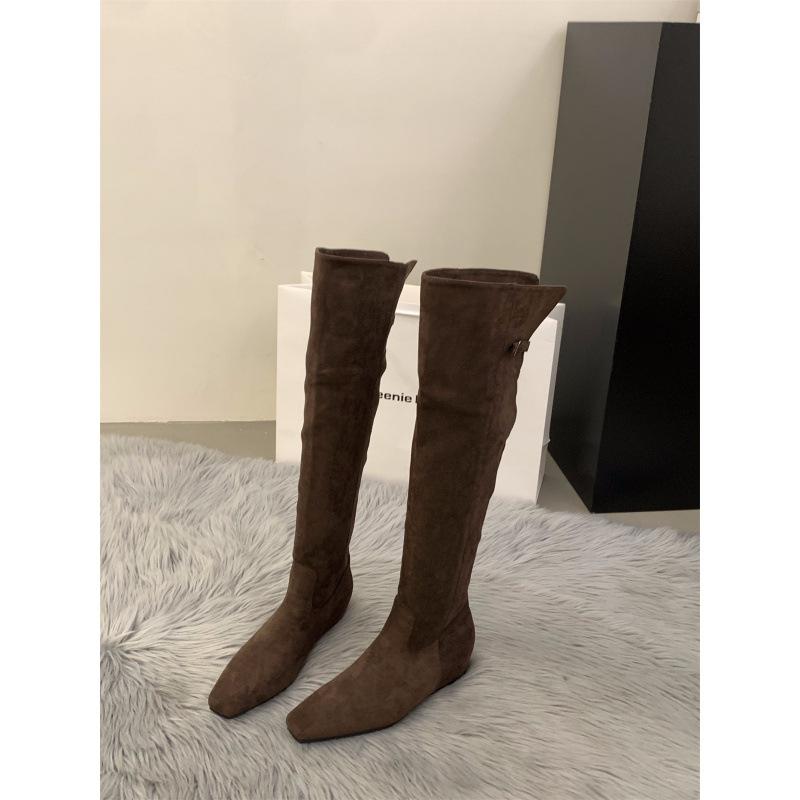 

Внутренние высокие квадратный носок замшевые тонкие длинные сапоги-ботфорты женская обувь 2025 осень и зима маленький человек выше колена сапоги-чулки 39 темно-коричневого