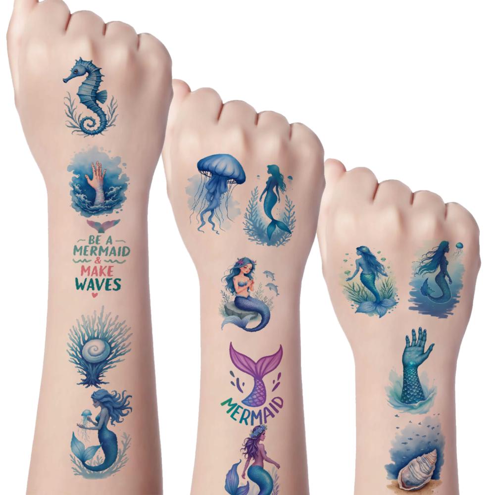 63pcs Temporary Tattoo Ocean Theme Temporary Tattoo Stickers Mermaid Design Watercolor For Cheeks Men Shoulders