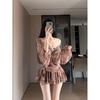 Plus Size French Retro V-neck Gradient Chiffon Dress - Waist-Cinching Pleated Short Skirt