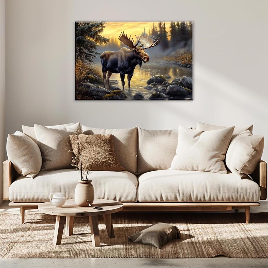 OAAPITI Moose Canvas Wall Art Vintage Wildlife Pictures Art Print Wilderness Forest Landscape Painting Modern Artwork For Bedroom Living Room Home