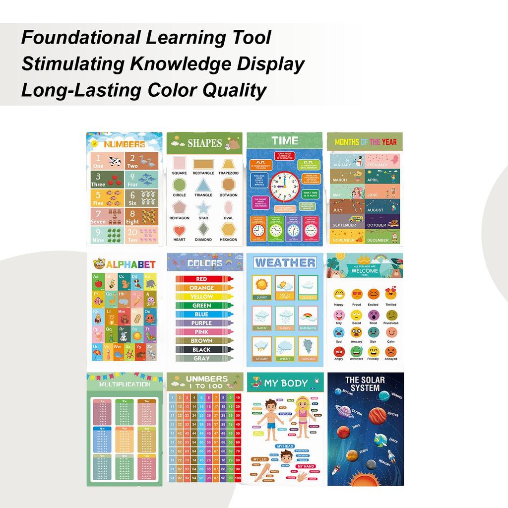 Educational Poster School Educational Charts 12 Pieces Time Numbers Letters Charts for Travel Boy Preschoolers Develop Skills