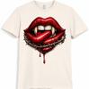 Vampir Lippen T-Shirt Gothic Reißzähne Horror Blut Tattoo Stil Halloween Tee