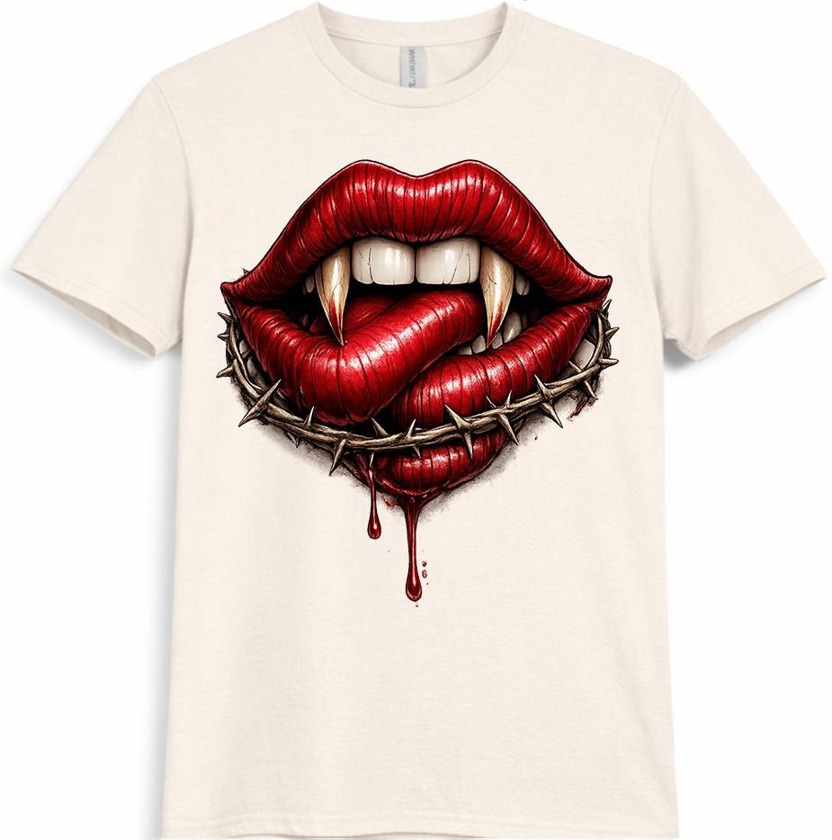 Vampir Lippen T-Shirt Gothic Reißzähne Horror Blut Tattoo Stil Halloween Tee