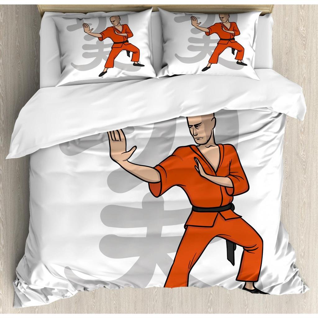 Chinese Kung Fu Polyester Duvet Cover Set Eastern Martial Art Sports Themed Cartoon Warrior In Traditional Clothes For Kids Teen