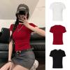 Women's Red Slim Fit Korean Style Waist-Cinching T-Shirt with Straight Shoulders