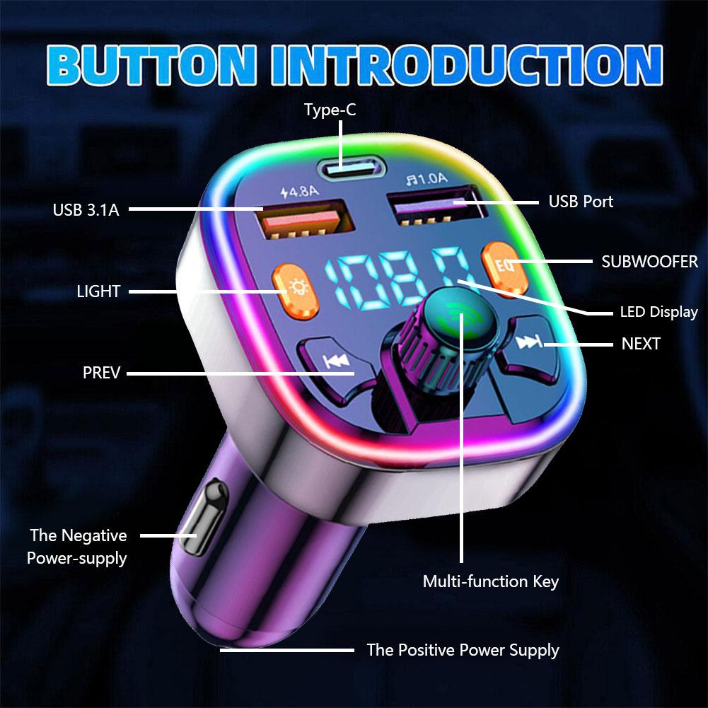 Car Bluetooth 5.0 FM Transmitter PD Type-C Dual USB MP3 Fast Modulator Handsfree Colorful Light Charger Ambient 3.1A Player C9E0