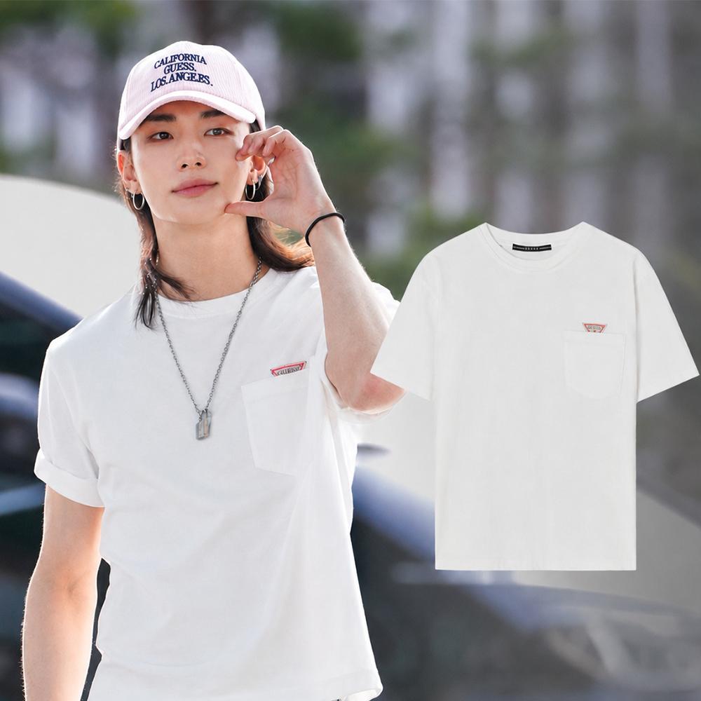 Stray Kids Hyunjin Worn GUESS Mini Triangle Pocket T-Shirt Ivory Official