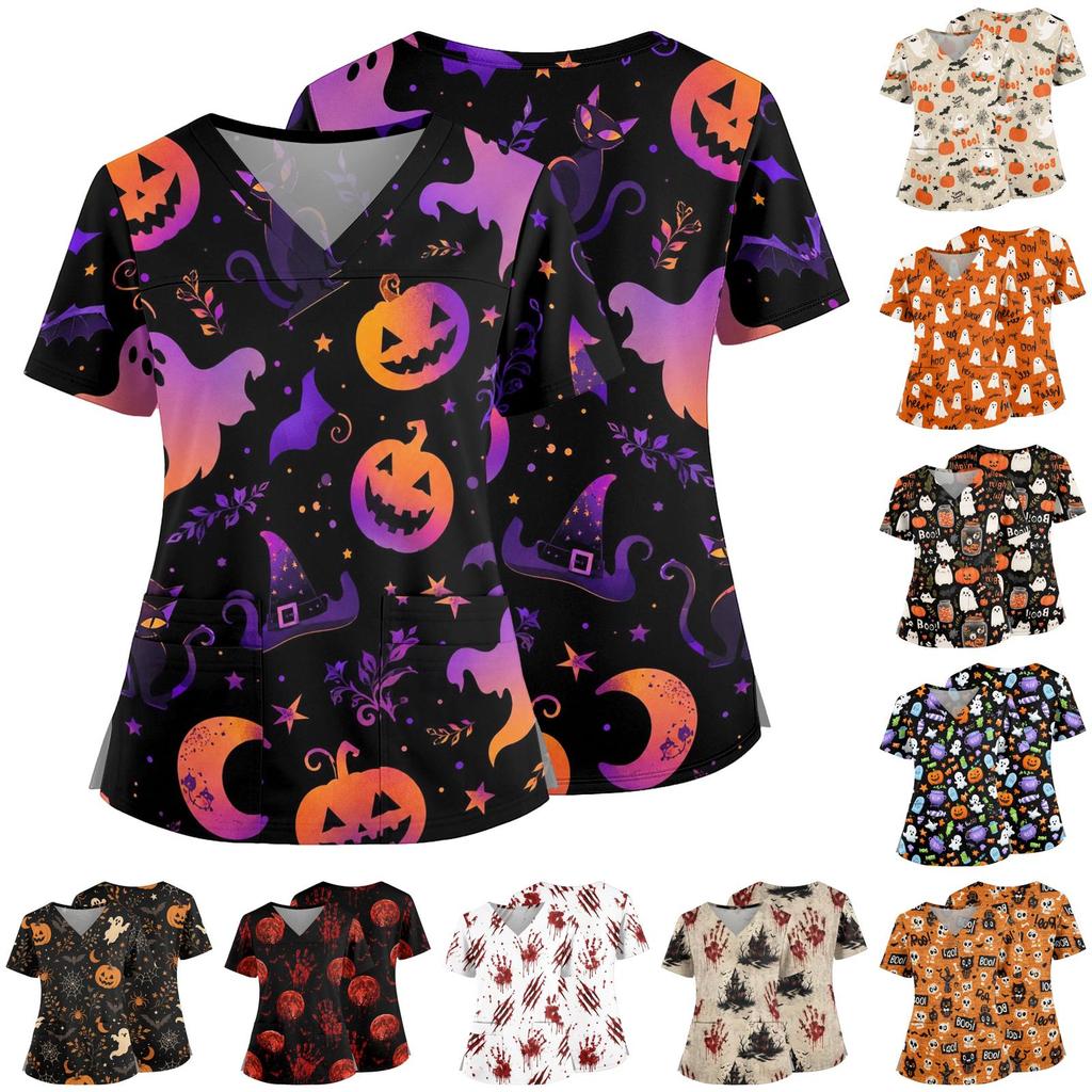 Women's Halloween Print V Neck Medical Scrub Top with Pockets Side Slit Short Sleeve Nurse Uniform Shirt for Healthcare Professionals