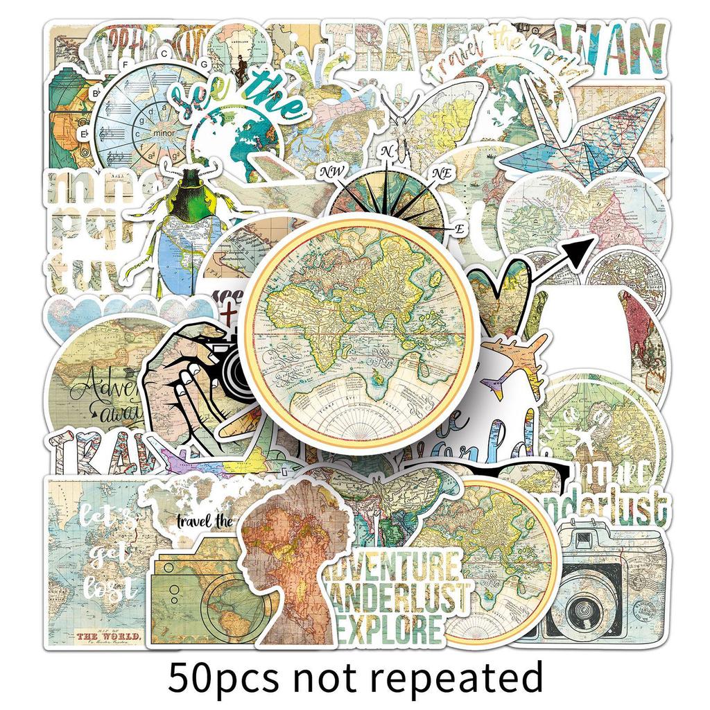World Map Retro Art Stickers: 50 Waterproof Sheets for Creative Journals and Notebooks.