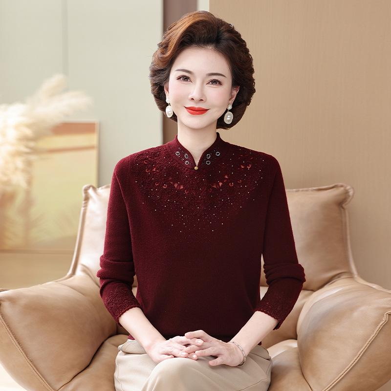 Stylish Embroidered Wool Cardigan Sweater for Middle-Aged Women - Plus Size, Solid Color, Autumn/Winter Top