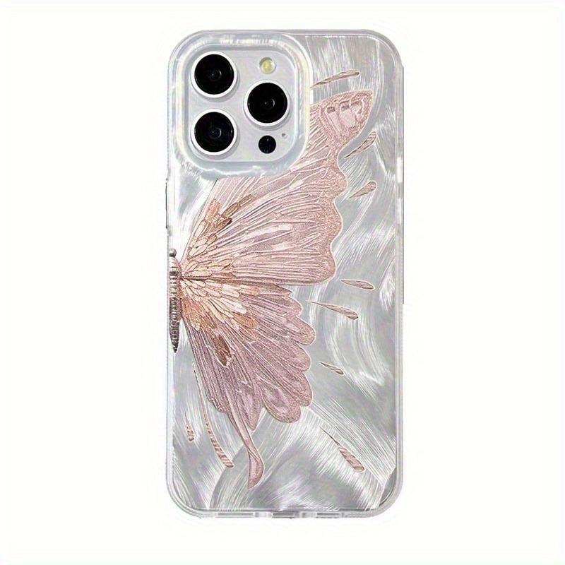 Pink butterfly silver feather gauze phone case suitable for iPhone 17 16 15 14 13 12 11 Pro/Max/Plus anti drop and shockproof