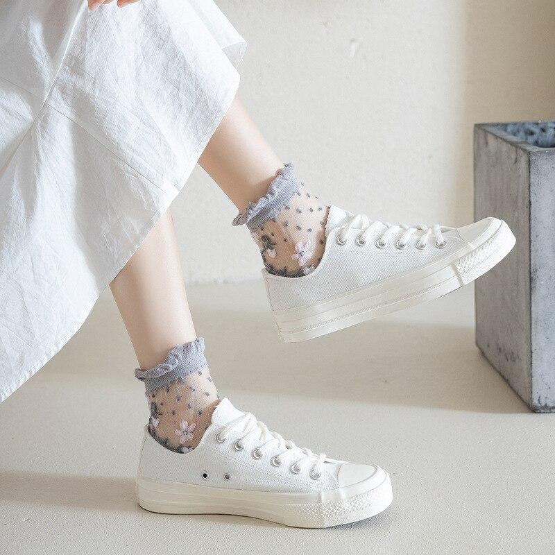 Buy Lace Ruffle Socks Women Summer Thin Mesh Transparent Crystal