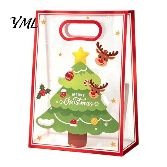 Clear Christmas Gift Bags with Handles, Reusable PP Treat for Eve Candy Apples Cookies, Holiday Party Favor Packaging Ribbon Bow Decorative Holidays