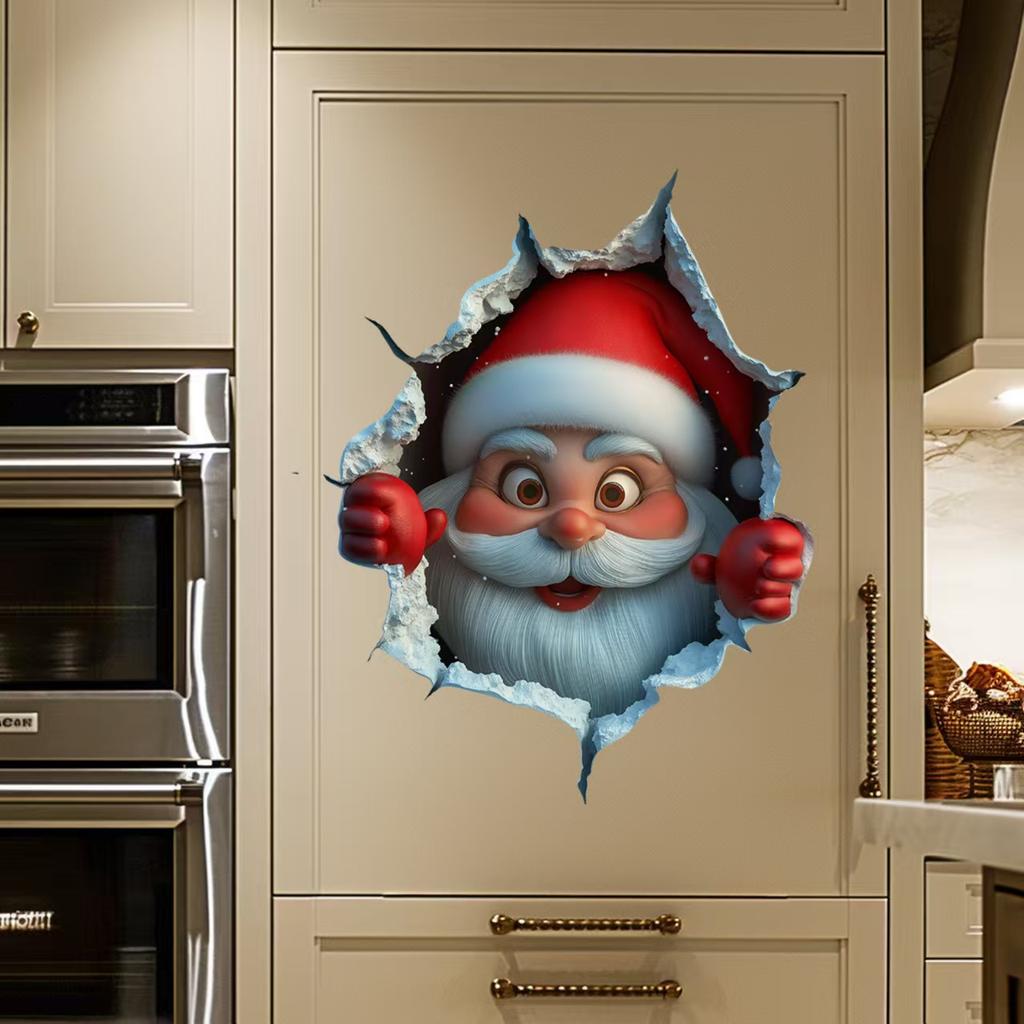 3D Pop-Up Santa Claus Wall Decal -Removable Christmas Sticker with Breaking Wall Effect for Home Decor, Damage-Free Installation