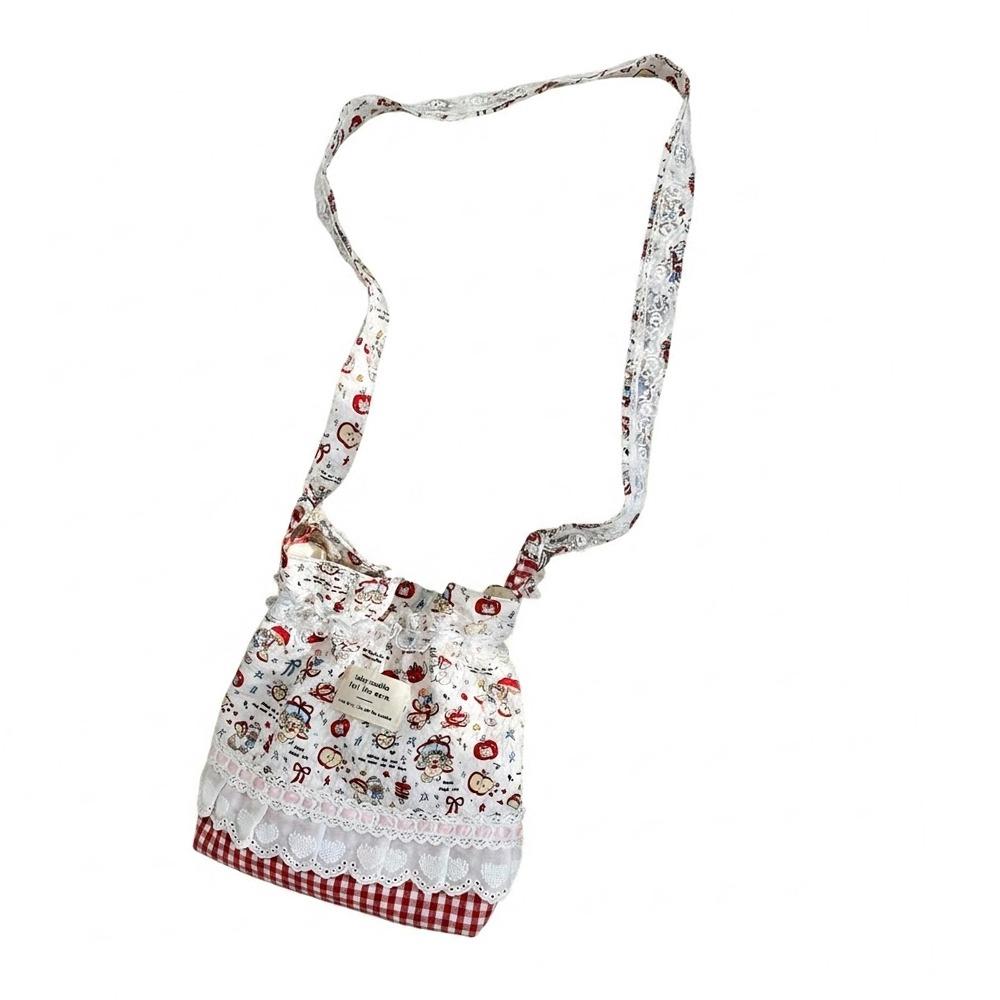 Floral Plaid Lace Shoulder Bags Cartoon Pattern Multicolor Drawstring Shoulder Bags Canvas Long Belt Crossbody Bag Daily Use