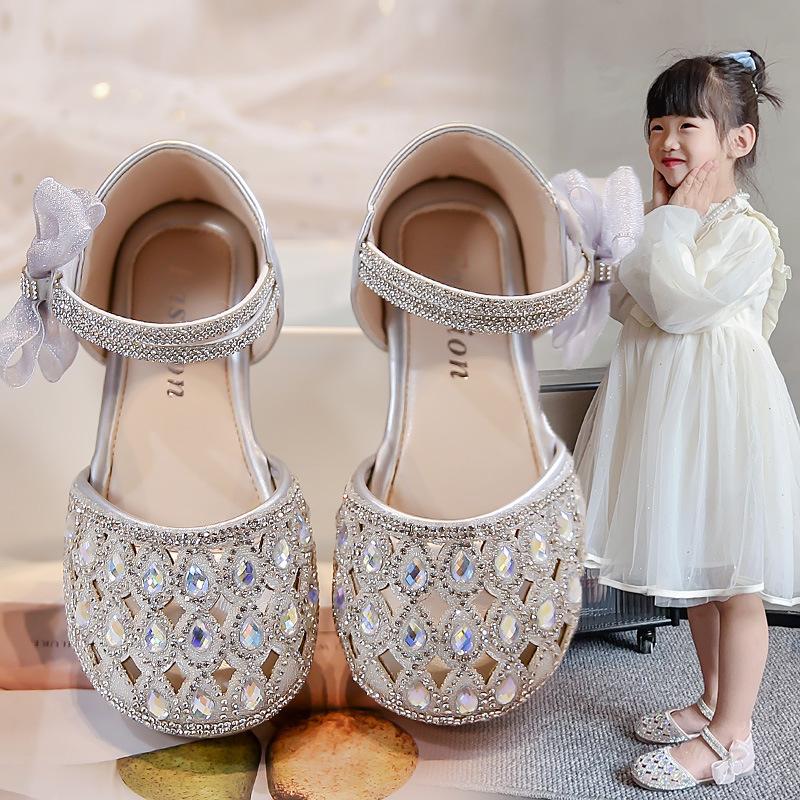Girls Princess Shoes Shiny Crystal Ins Trendy Kids Sandals Mesh Lace Bows 2025 Summer New Girls Dance Shoes Elegant Hollowed-out