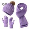 Soft Acrylic Cold Weather Gear Winter Hat Scarf Gloves Set, Knitted Pom Warm Thermal Stylish Outdoor Skiing And Hiking Sets Gloves, Solid Color