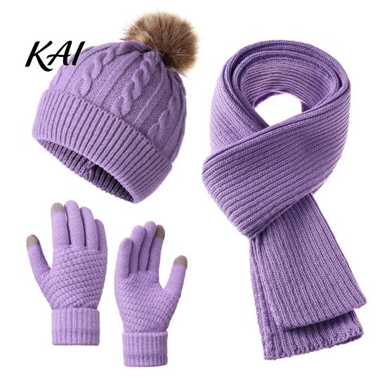 Soft Acrylic Cold Weather Gear Winter Hat Scarf Gloves Set, Knitted Pom Warm Thermal Stylish Outdoor Skiing And Hiking Sets Gloves, Solid Color
