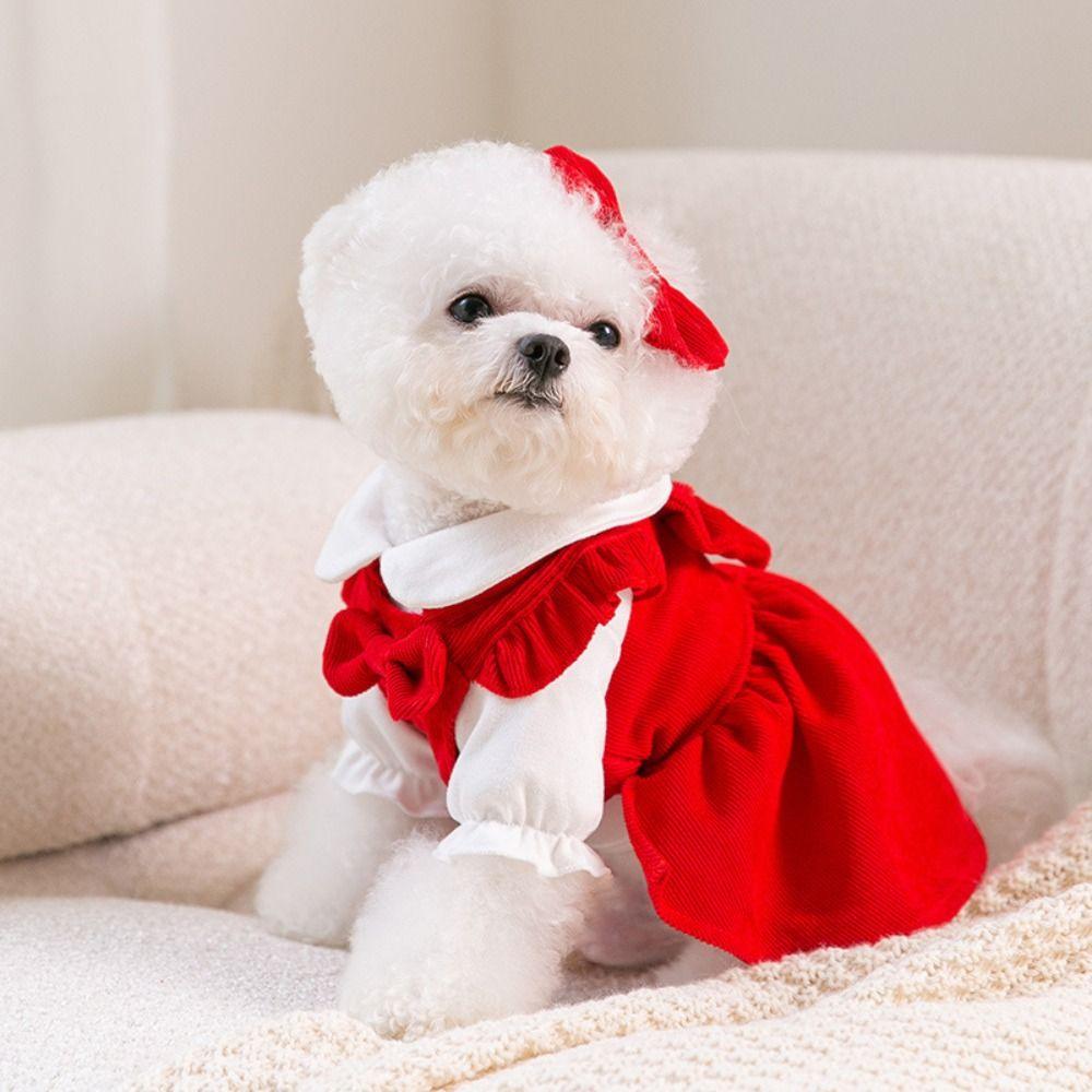Pleated Bow Dog Skirt New Year Christmas Cat Princess Dress Pet Costume  Photograph Prop