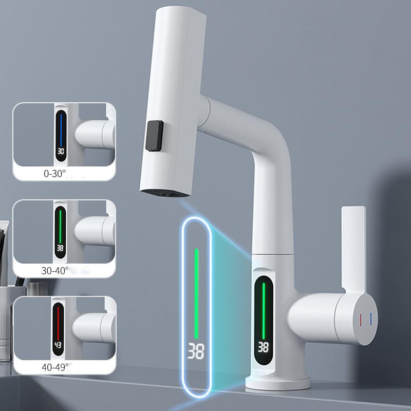 New White Basin Faucet Brass Lead Free Single Lever Digital Display Hot and Cold Pull Out Slid Mixer Sink Tap Bathroom Mixer