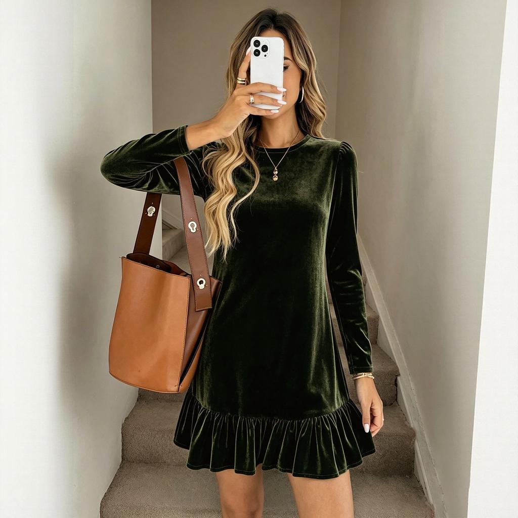 Women's Stylish Velvet Dress Long Sleeve Round Neck Ruffle Hem