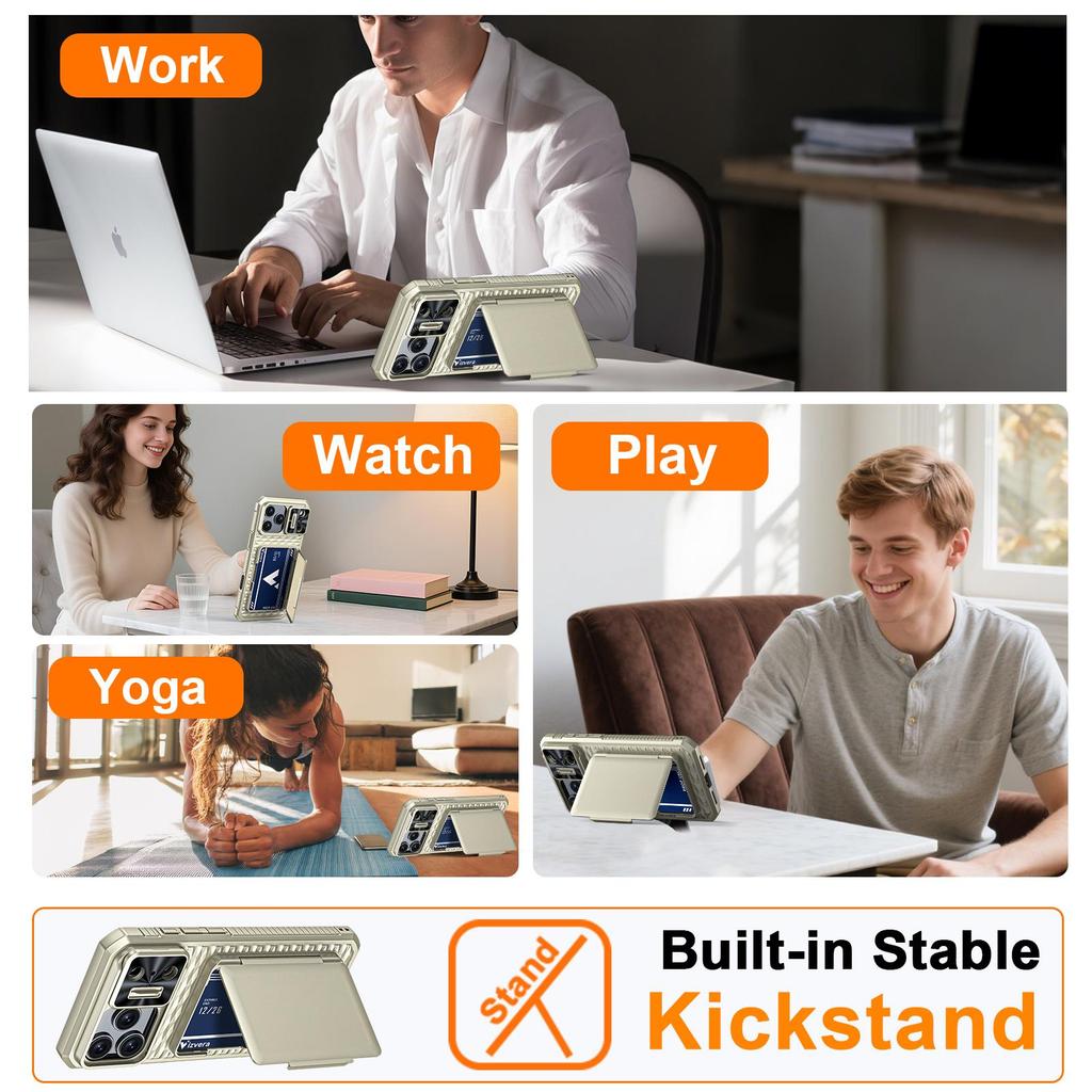 Mit Kartenhalter, Schiebefach für die Kamera und Ständer für iPhone 17 Pro Max Handyhülle, Anti-Fall PC+TPU Brieftaschenhülle - Champagner