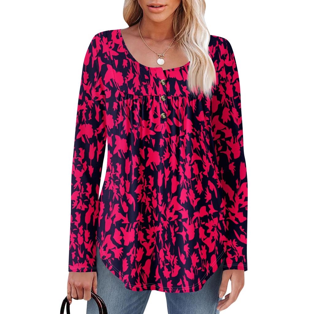 Women's Long Sleeve Tunic Loose Tops Casual Oversized Tops Pleated Tunic Button Down Casual Women's Print Tops