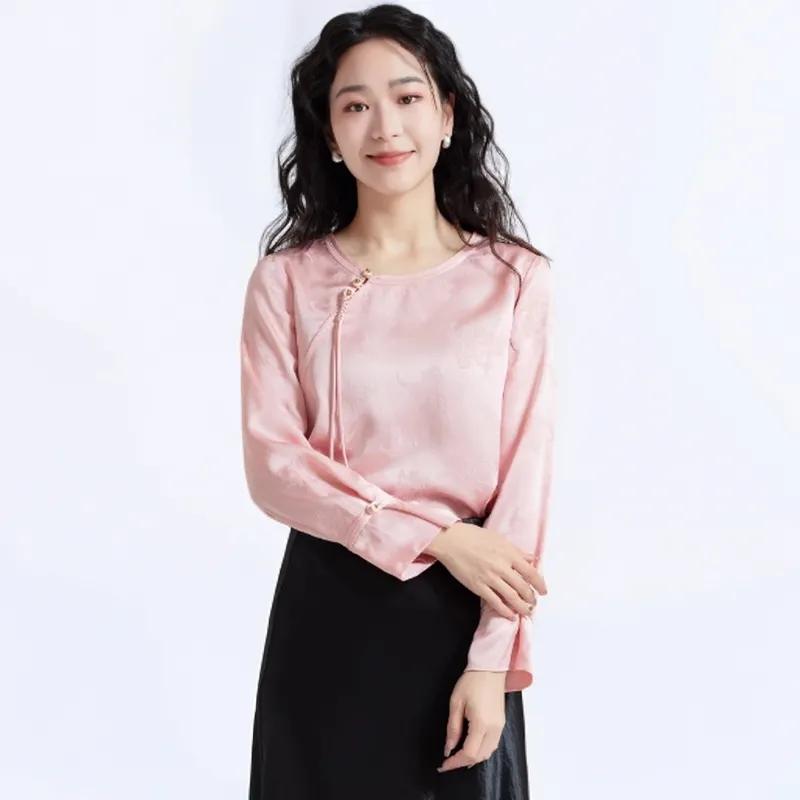 

Женская розовая жакардовая атласная блузка с длинным рукавом в китайском стиле, асимметричная на пуговицах, повседневный топ L розовый
