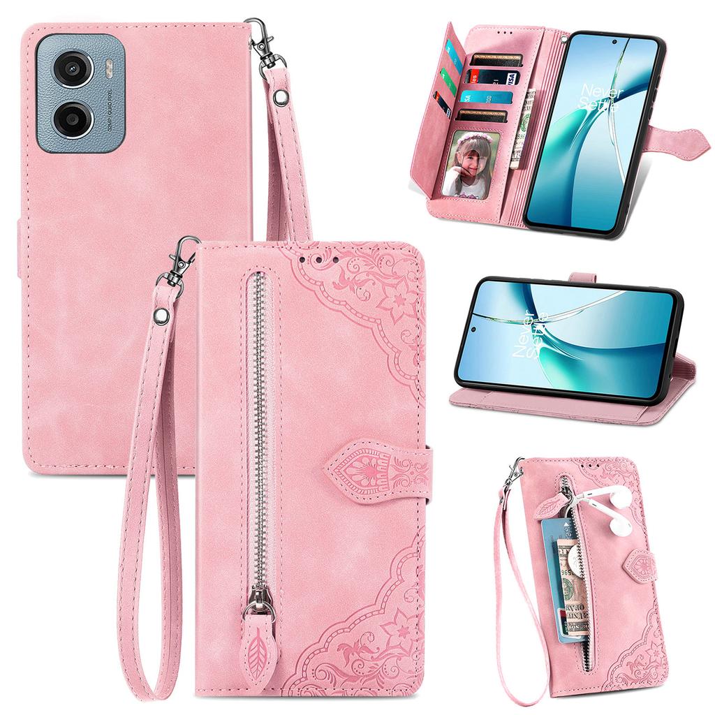 For Motorola Moto G05 4G Zipper Wallet Case with Strap Flower Imprint PU Leather Phone Cover