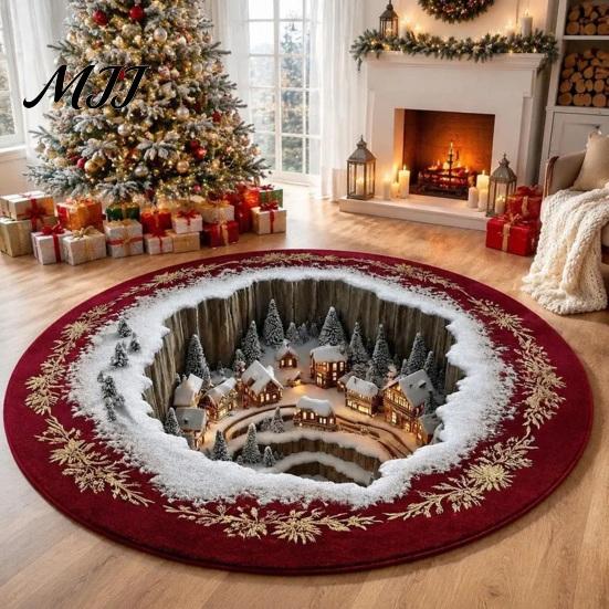 Tappeto Illusione Ottica Natale Tappeto Rotondo 3D, Area Babbo Natale 39 Tappetino per Riunioni Festive Polsterato-Come per Soggiorno Camera da Letto Decorazione Casa