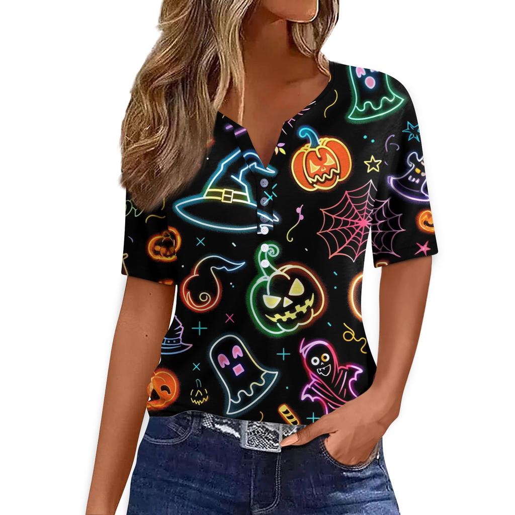 Dames T-skjorte Tee Halloween Trykket Knapp Kortermet Tunika Daglig Helgemote Basic V-hals Vanlig Topp