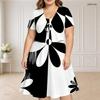 Women Plus Size Two Piece Dress Set Short Sleeve V Neck Tie Front Shrug Black White Printed Flared Dress
