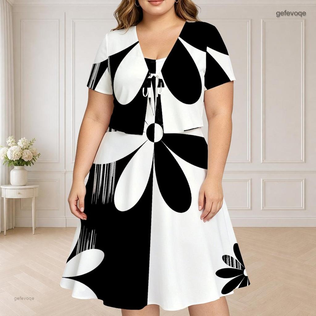 Women Plus Size Two Piece Dress Set Short Sleeve V Neck Tie Front Shrug Black White Printed Flared Dress