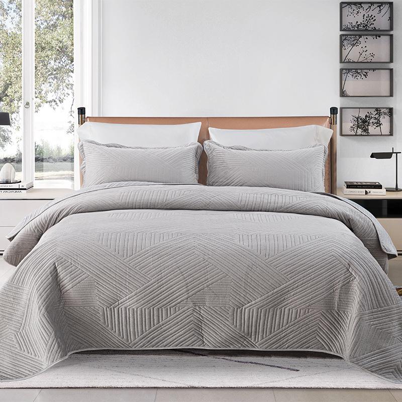Solid Color Crystal Velvet Quilted Bedspread 3-Piece Set - Casual Home Bedding Blanket