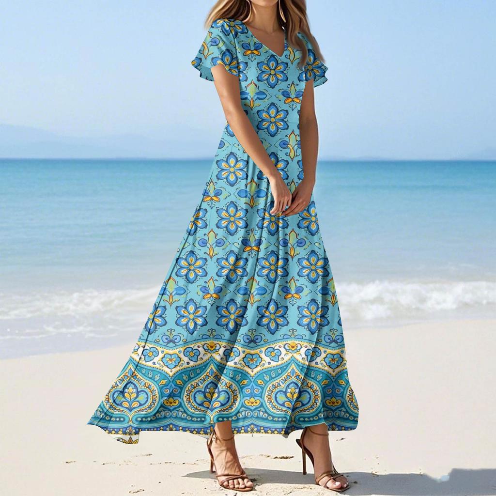 Vestidos casuales de verano para mujer, con estampados de colores y cuello en V y manga corta