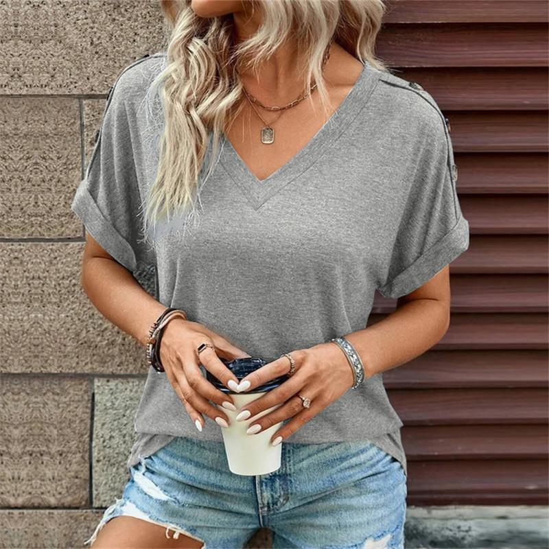 Summer Cotton Tops Women Blouses Casual V-Neck Solid Button Street Hipster Short Sleeve Shirts Clothes