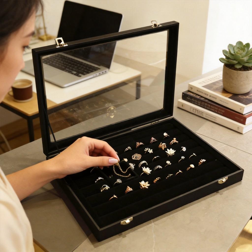 Leather Jewelry Box With Glass Cover For Necklaces Rings Earrings Bracelets Storage