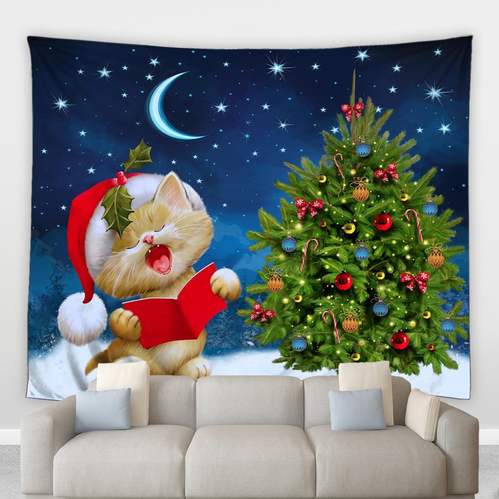 Vánoční krb Velký gobelín Vánoční stromeček Sněhulák Cartoon Cat Noční hvězdná obloha Nástěnná nástěnná deka