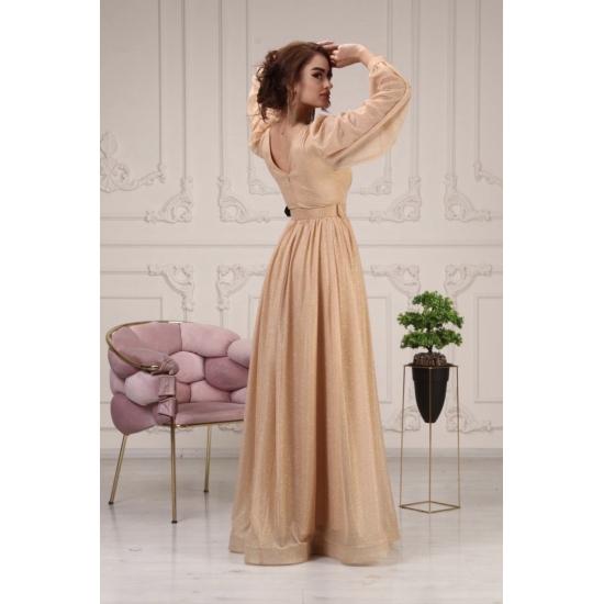 Zweireihiges Abendkleid mit Kragen, Gürtel und Ballonärmeln aus glitzerndem Tüll TE Settür Abendkleid