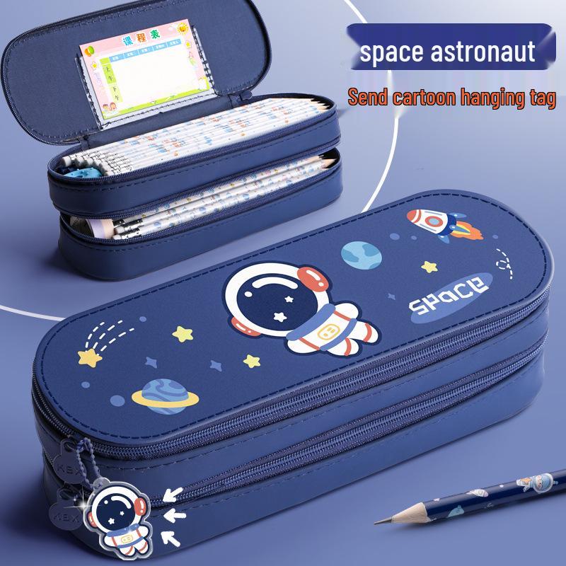

Kaba Bear Double-Layer Astronaut Pencil Case: Waterproof, Dirt-Resistant, Large Capacity, Cute Cartoon Style for Boys.