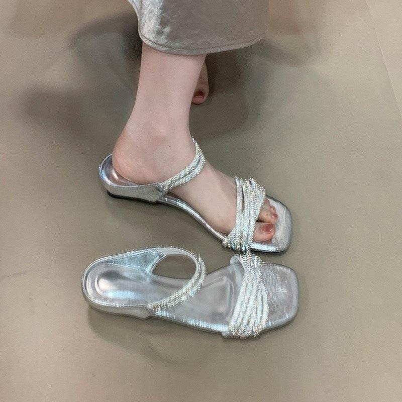 Celebrity Rhinestone with Open-toed Sandals Women's Fashion Temperament One-word Drag Sexy Beautiful Cool Slippers