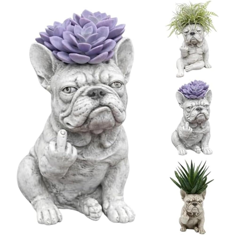 Funny French Bulldog Planter Pot, Resin Dog Statue Succulent Planter, Middle Finger Gesture Decorative Sculpture for Home Garden Office Desk Decor,