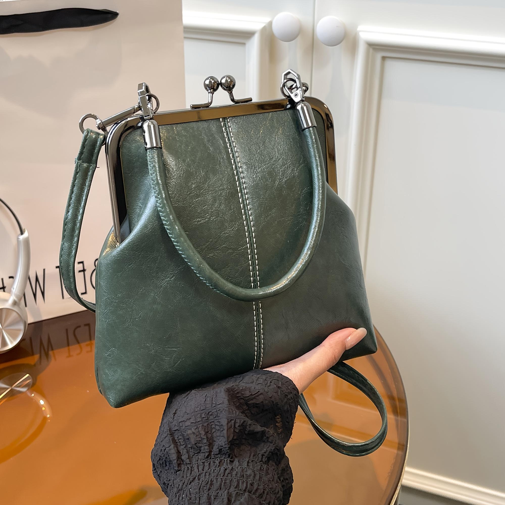 Crossbody bag with kiss lock closure, stylish retro soft leather shoulder bag, women s handbag, handbag, square wallet, crossbody bag. зелёный