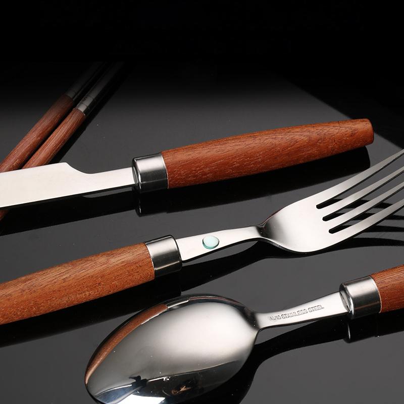 304 Edelstahl Besteck, Gabel, Löffel, Essstäbchen, Holzgriff, Westliches Essen Geschenk, Küchengeschirr komplette Sets