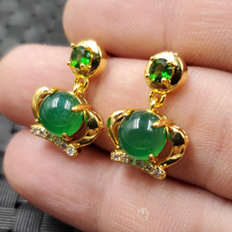 Jade & Emerald Green Chalcedony Round Crown Stud Earrings 2021-9-1401