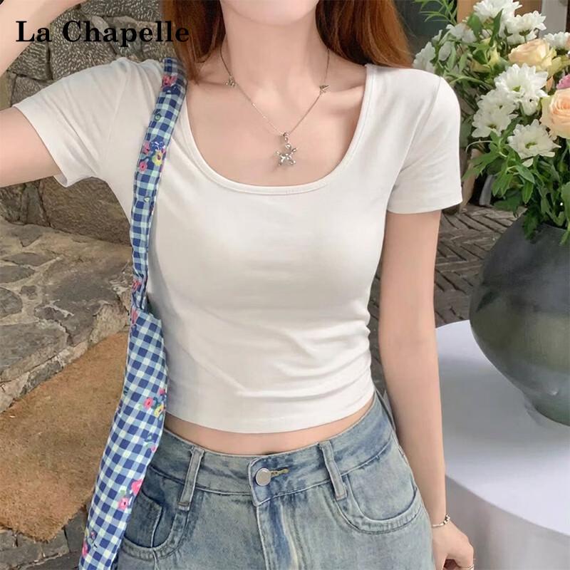 La Chapelle Women s Pure Cotton Square Neck Crop T-Shirt M
