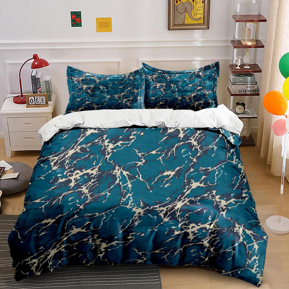 3Pcs Teal Marble Pattern Bedding Set, Abstract Fluid Print Duvet Cover + 2 Pillowcases, Modern Decor