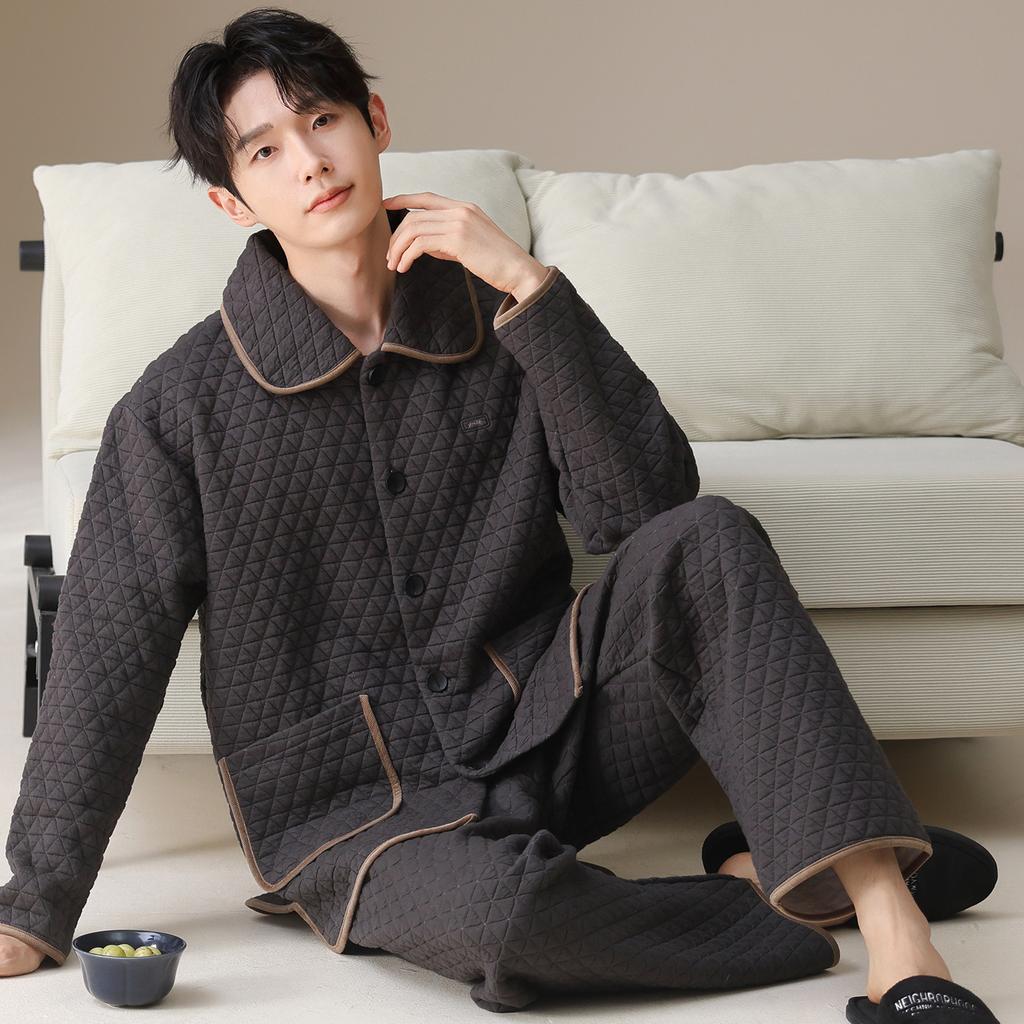 Air Cotton Mezzanine Pajamas Men'S Autumn And Winter Cotton Long-Sleeved Thickened Loungewear Suit
